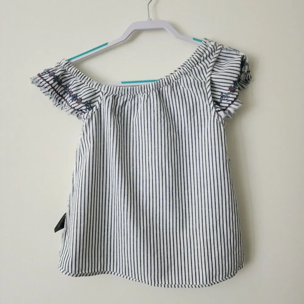 LOGG H&M One Shoulder Top Size 2 Linen Cotton White Blue Striped Embroidered - Picture 4 of 10